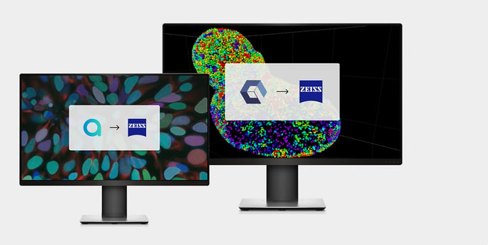 Two monitors indicating the new ZEISS branding of APEER and arivis software solutions.